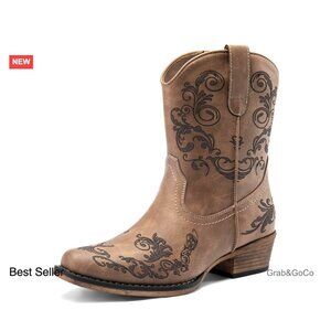 Western Ankle Boots Chunky Heel Square Toe Retro Cowgirl Style Vegan Leather